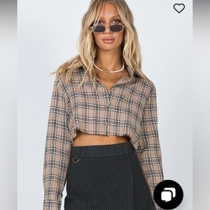 Princess Polly Beige Plaid Cropped button-up Top